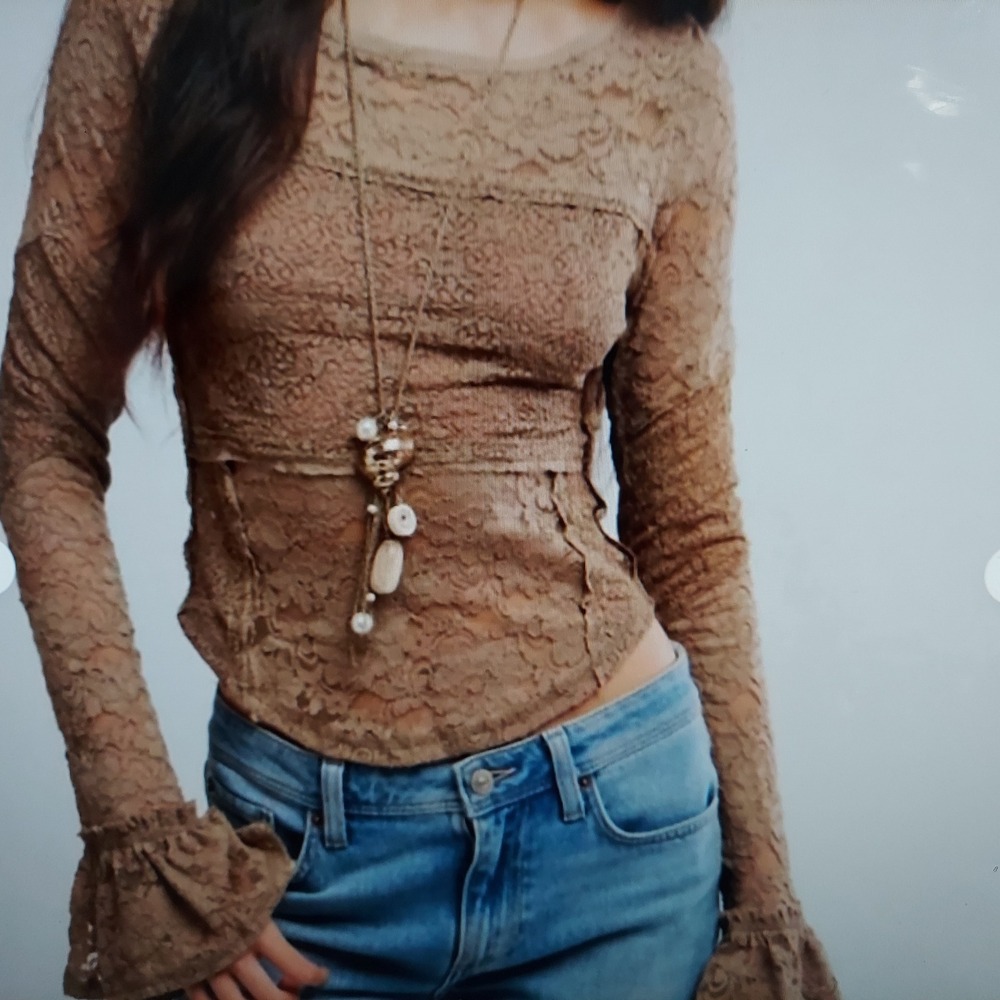 Free People Womens Lace Top S Brown Fairycore Ruffle Bell Sleeve Sheer Blouse